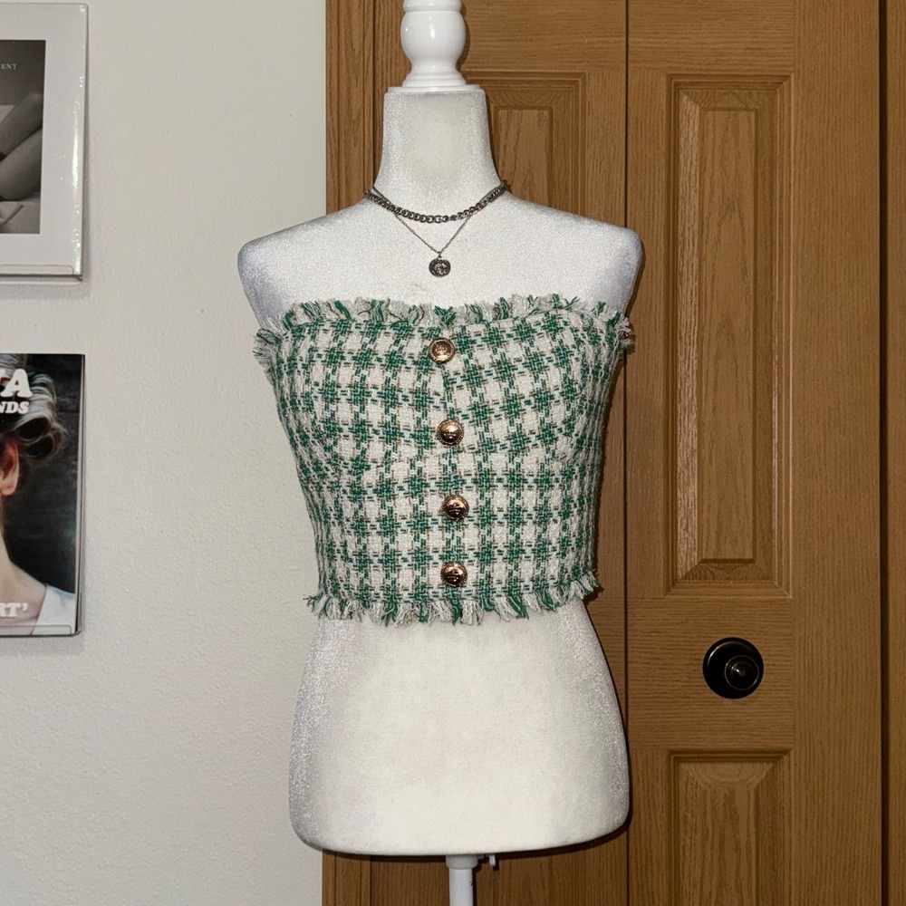 Walter Baker Betsey Lucky Tweed Tube Top Green Gold Plaid Women's Large Preppy
